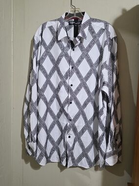 VIP Collection Black White Argyle Geometric Long Sleeve Shirt Mens 2XL Used